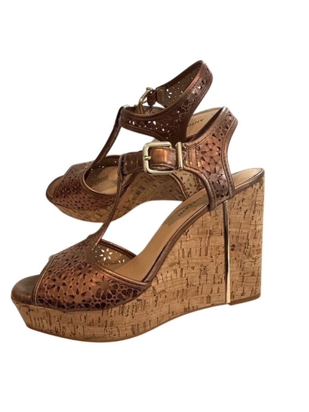Antonio Melani 9 Selena metallic perforated t strap cork platform wedge 3088